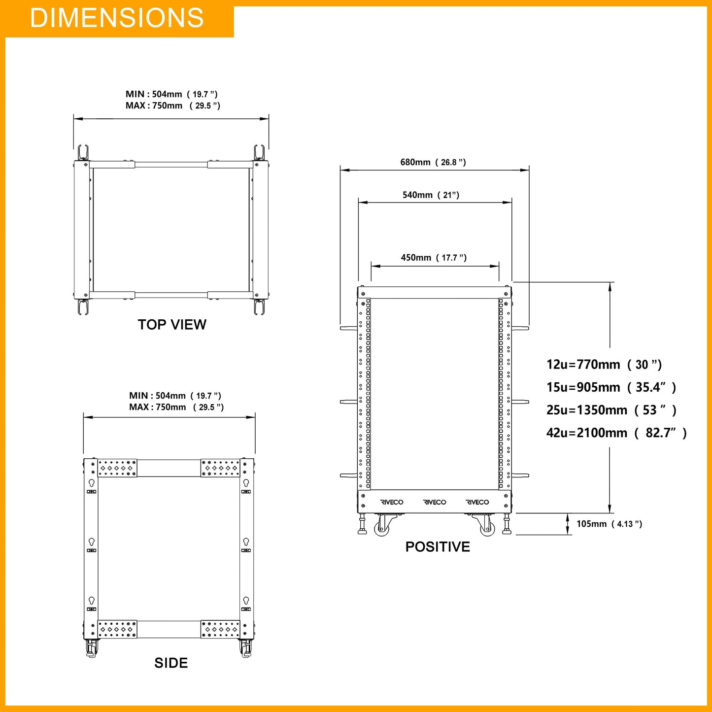 RIVECO 12U Server Rack Adjustable Depth Network 4 Post Cabinet Open Frame with Leveling Feet & Wheels Fully Rivets 1400 LBS