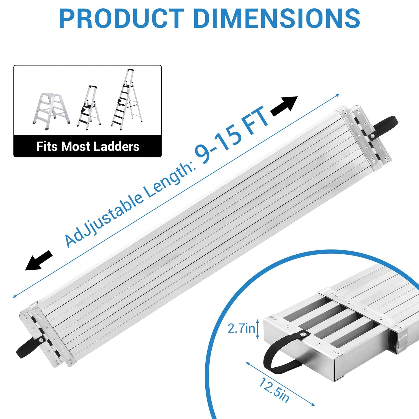 9-15 Ft Telescoping Plank, Aluminum Work Plank, 440Lbs Capacity Extension Boards, Aluminum Scaffolding Plank with Skid-Proof Platform Scaffold Ladder Accessory