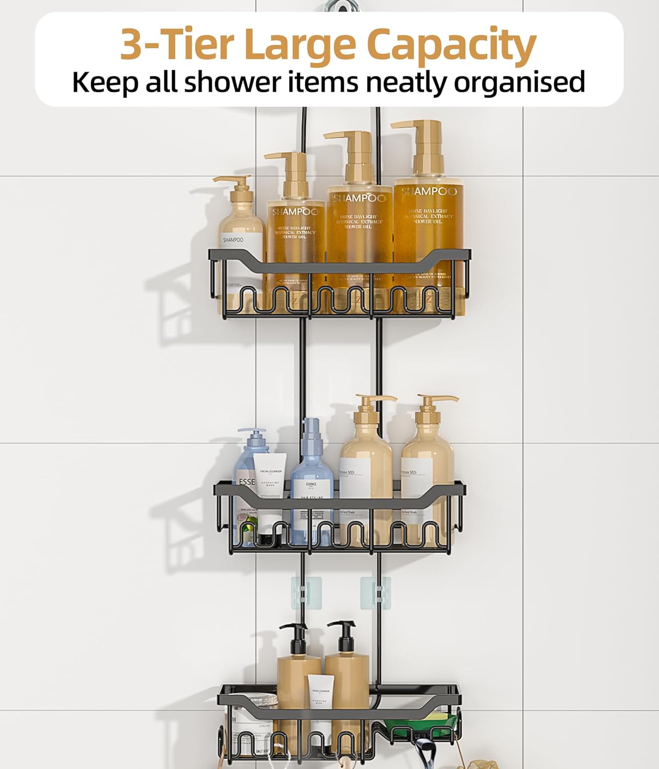 Skiennix Adjustable Shower Caddy - 3-Tier Hanging Organizer with Soap Holder | Extended Length, Black