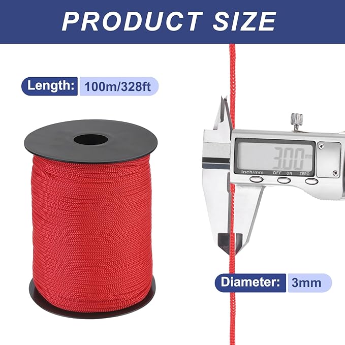 MECCANIXITY 1/8 Inch Polypropylene Rope Braided Ropes, 328ft Nylon Rope Hollow Utility Cord for Clothesline, Camping, Hiking, Outdoor, Red