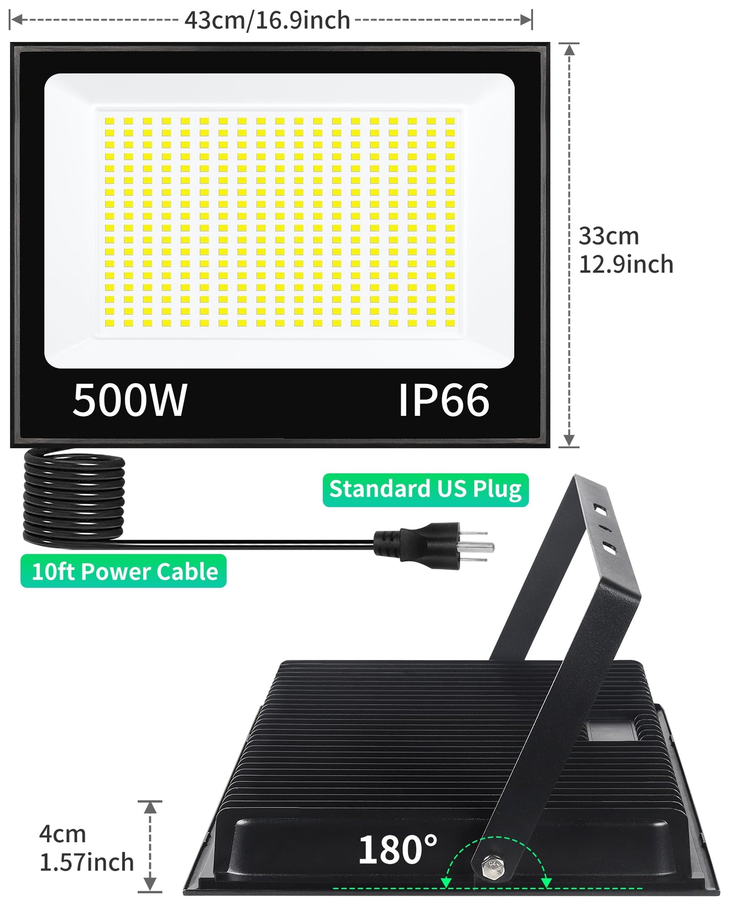 ISUERFY 500W LED Flood Light Outdoor with Plug+10ft Cable, 60000LM Ultra Brighter 5000K Exterior Security Light, IP66 Waterproof Commercial Lighting for Sports Fields Counts Arena Stadium(2 Pack)