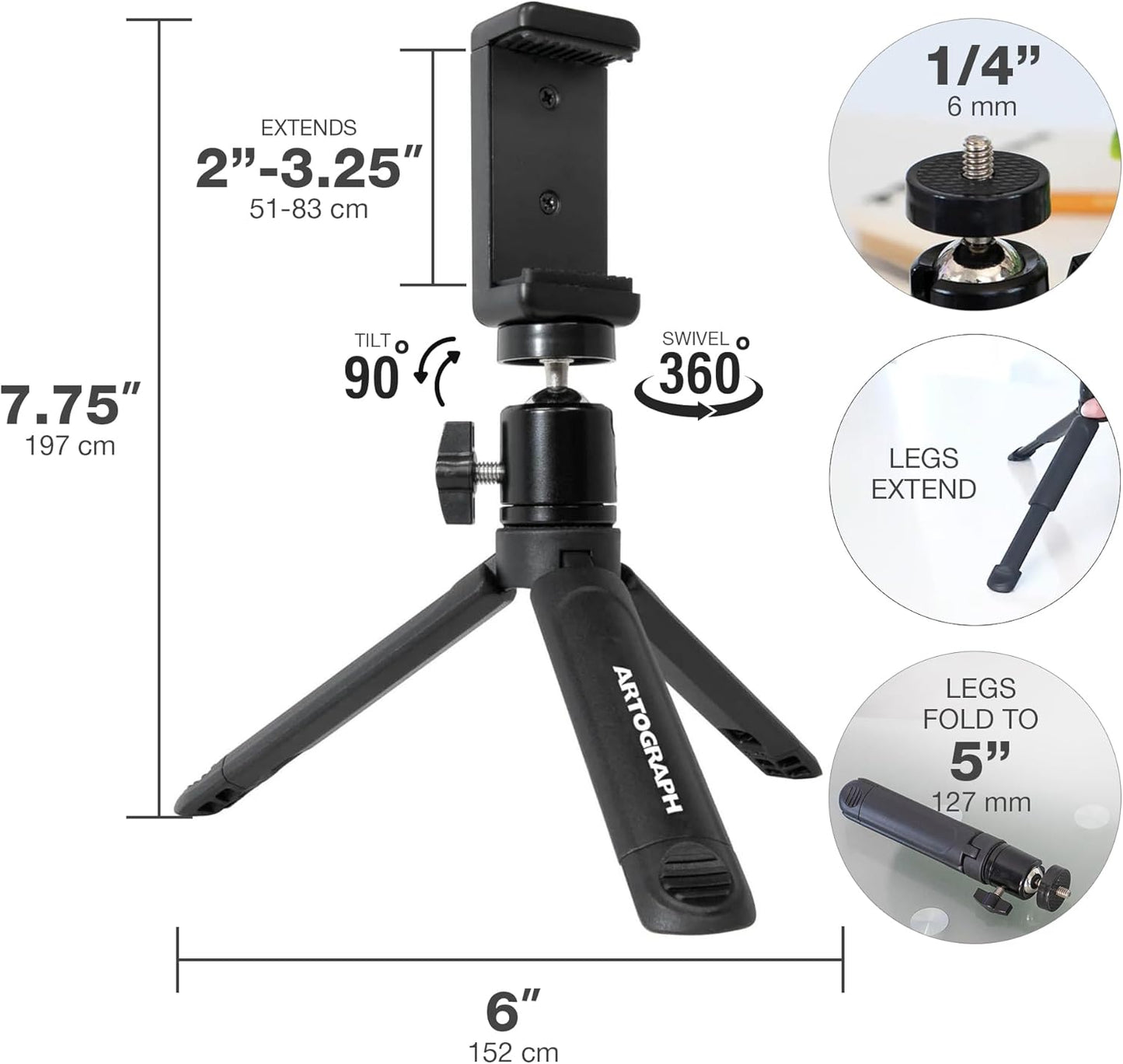Artograph Mini Tripod Tabletop & Handheld Stand for Digital Projectors & Phones, Lightweight, Portable and Convenient
