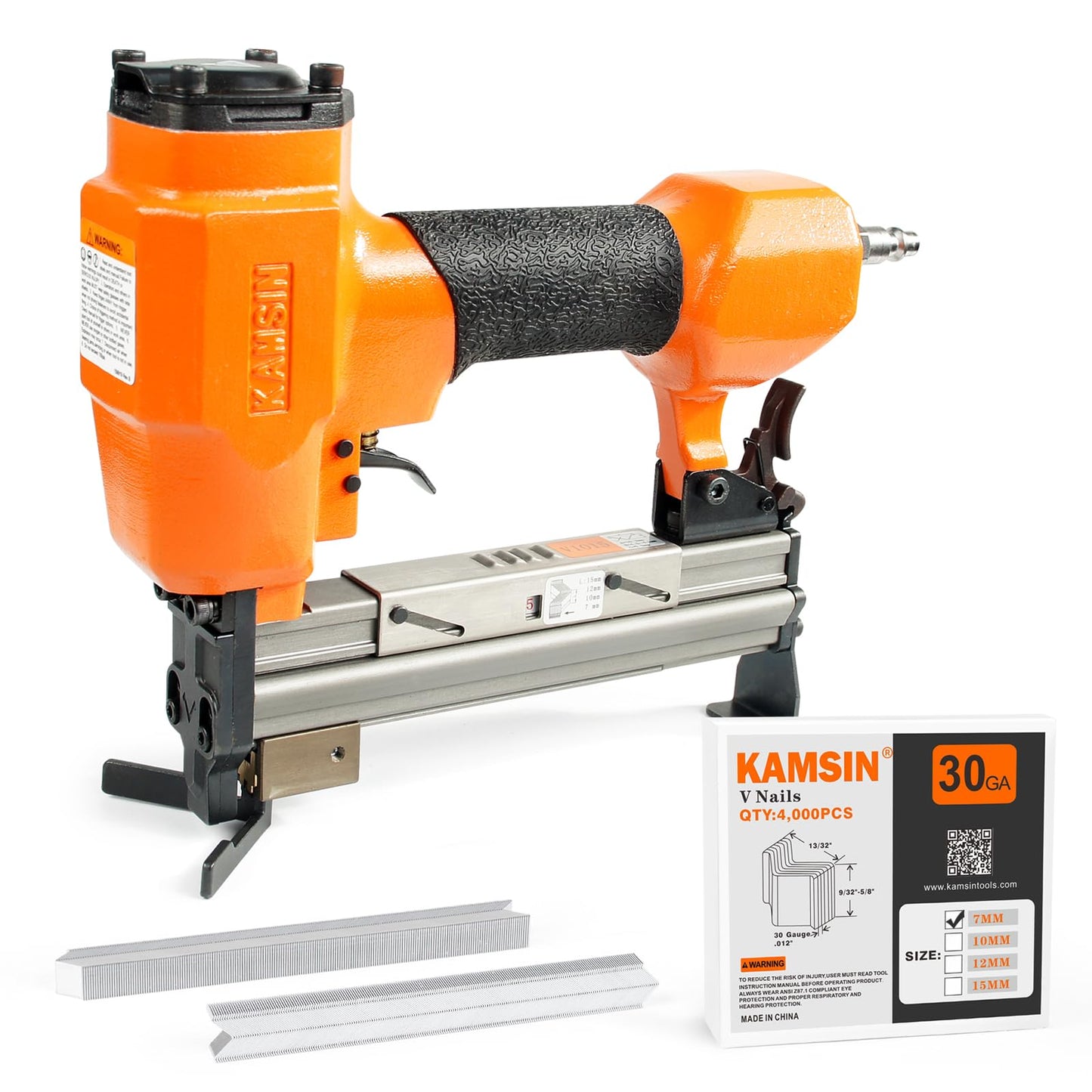KAMSIN V1015 30 Gauge Pneumatic Picture Frame Nailer with 4,000 PCS 9/32"(7mm) Leg Length Usually used in picture frames, frame joining,wood corner joining, etc