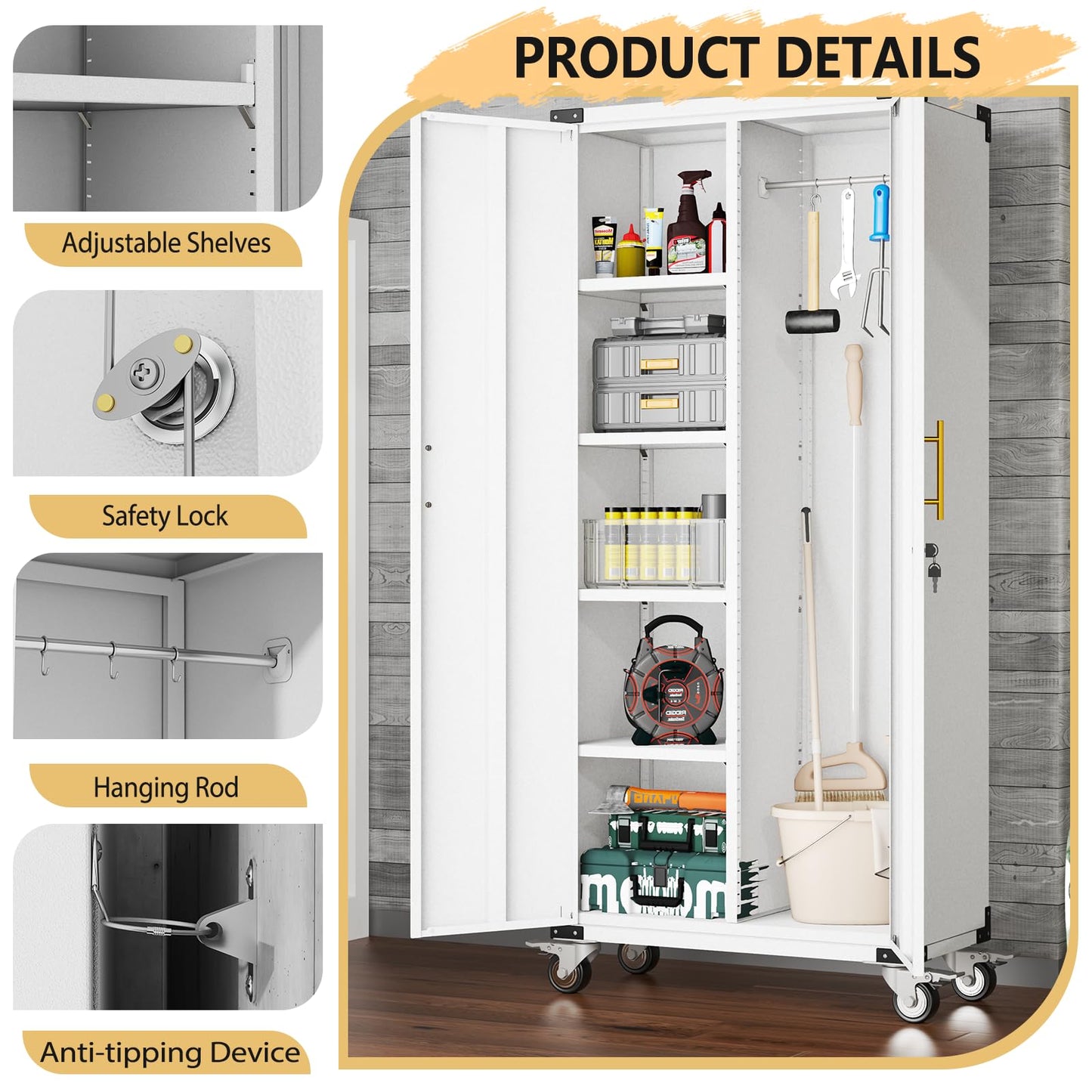 pozdeg Broom Closet Garage Storage Cabinet with Wheels, 71" Metal Cleaning Cabinets with Hooks and Hanging Rods, Tall Freestanding Lockable Tool Utility Cabinet for Home, Office (White)