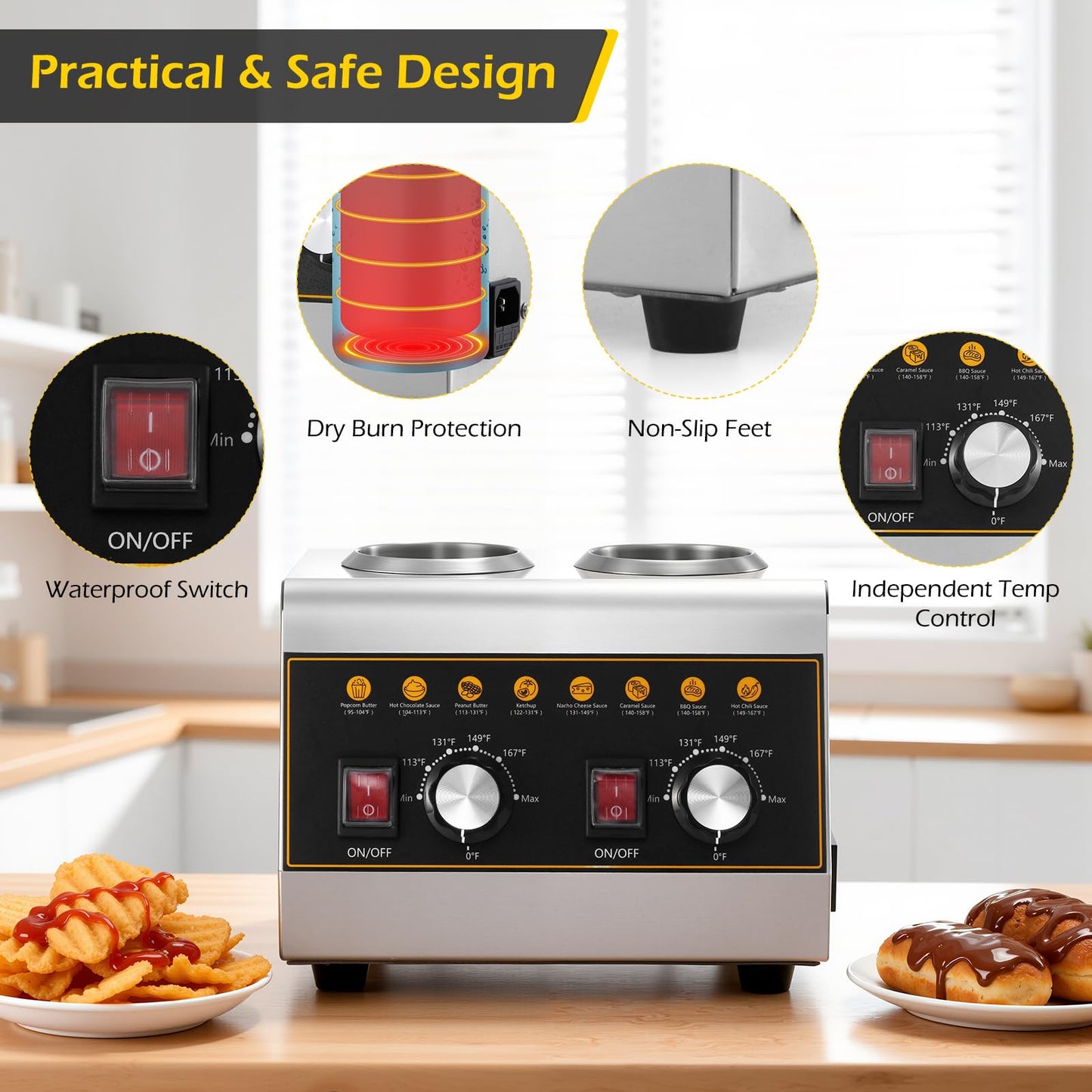 Dyna-Living Electric Sauce Warmer - 500W Nacho Cheese Warmer Dispenser with Removable Storage Rack, Commercial Sauce Bottle Warmers for Hot Fudge Ketchup Chocolate Cheese with 650ml Squeeze Bottle*2
