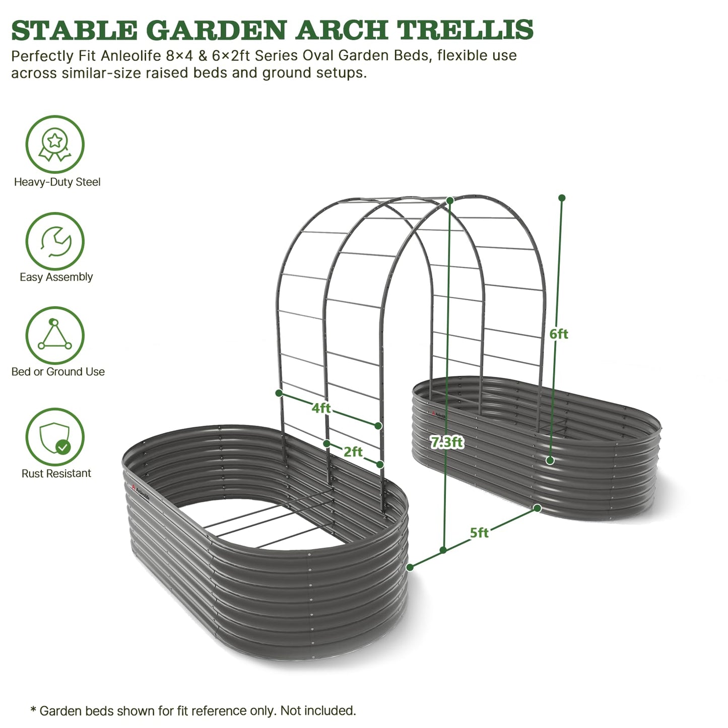 A ANLEOLIFE Garden Arch Trellis for Raised Garden Beds, Heavy-Duty Metal Archway, Bed-Mount or In-Ground Install, Deep-Insert Stability for Cucumbers, Beans, Gourds & Squash, Quartz Gray