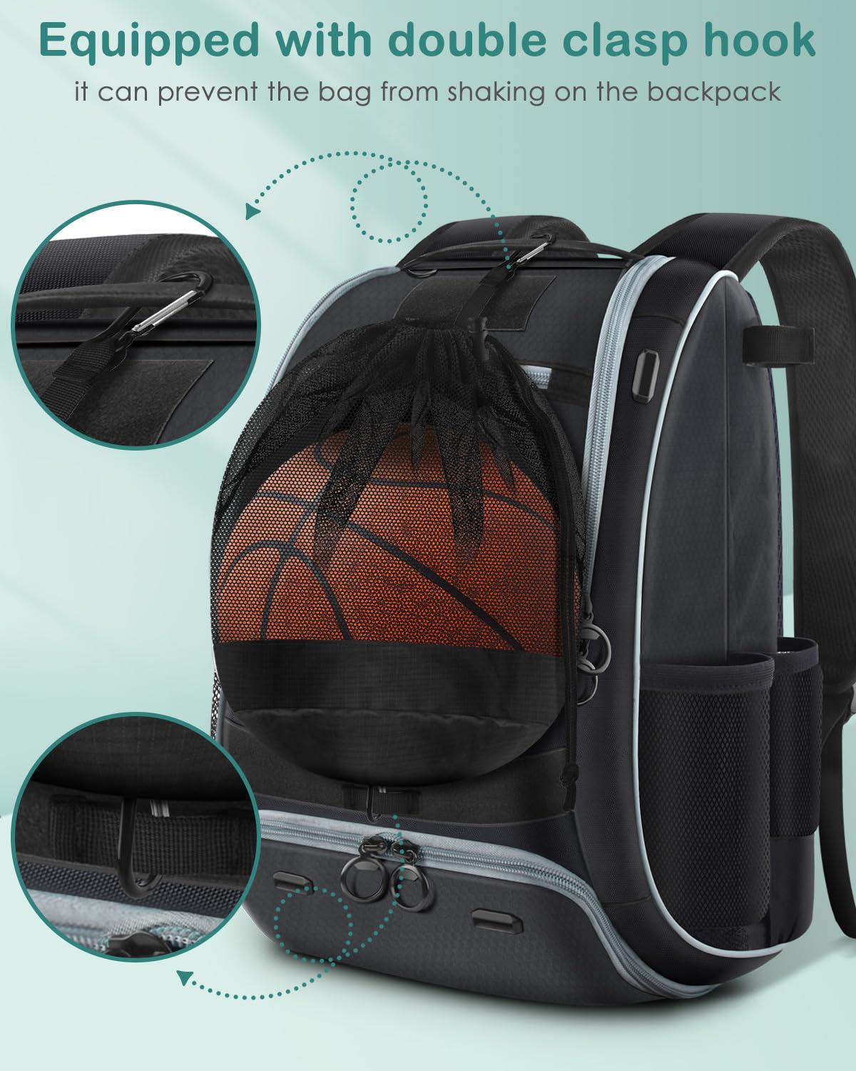 BROTOU Single Ball Bag with Double Hook, Balls Storage Bags with Zipper Pocket, Drawstring Sling Backpack for Soccer Basketball Football Volleyball Rugby (1)