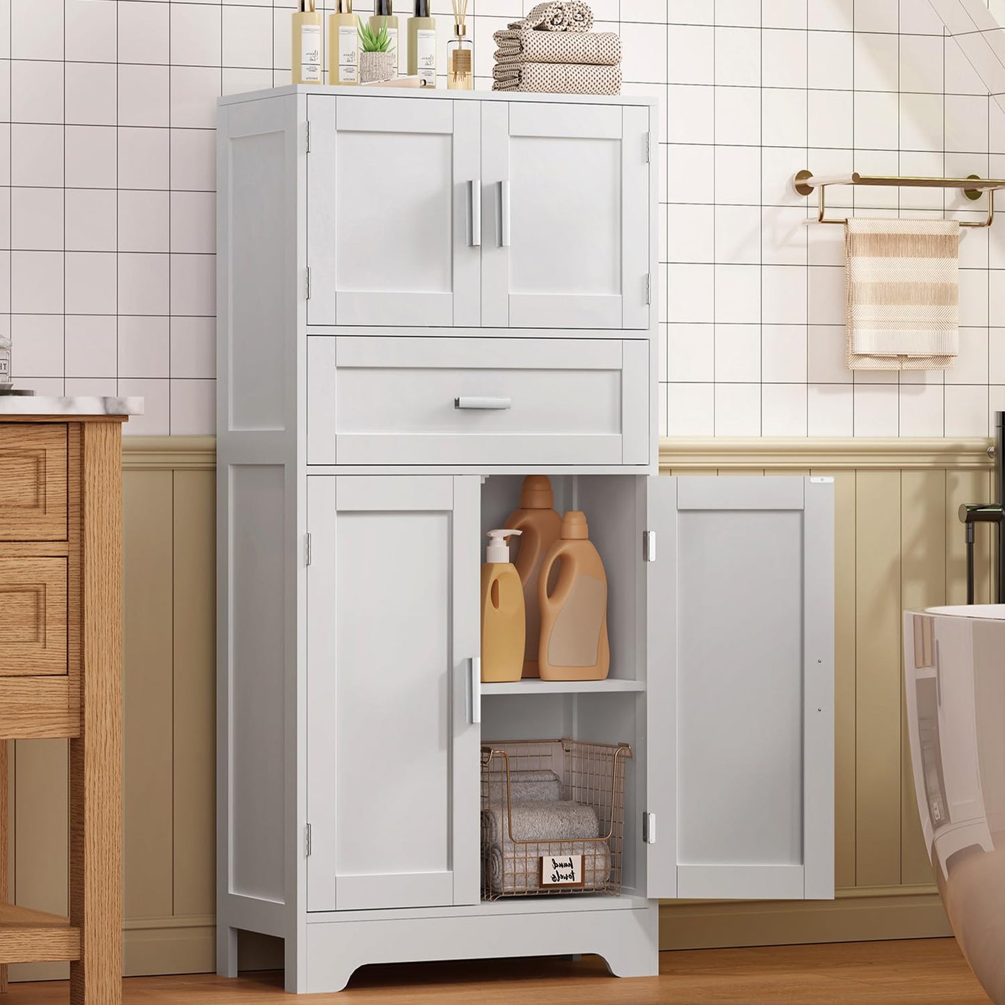 TEENFON Bathroom Storage Cabinet with Adjustable Shelf & Large Drawer, Tall Storage Cabinet with 4 Doors, Kitchen Pantry Storage Cabinets, for Living Room, Dining Room, Home Office, Entryway, White