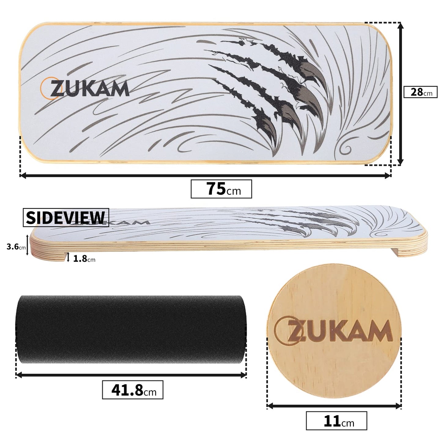 ZUKAM Balance Board Trainer, Wooden Balancing Board with Workout Guide to Exercise and Build Core Stability, Wobble Board for Skateboard, Hockey, Snowboard & Surf Training (Claw)