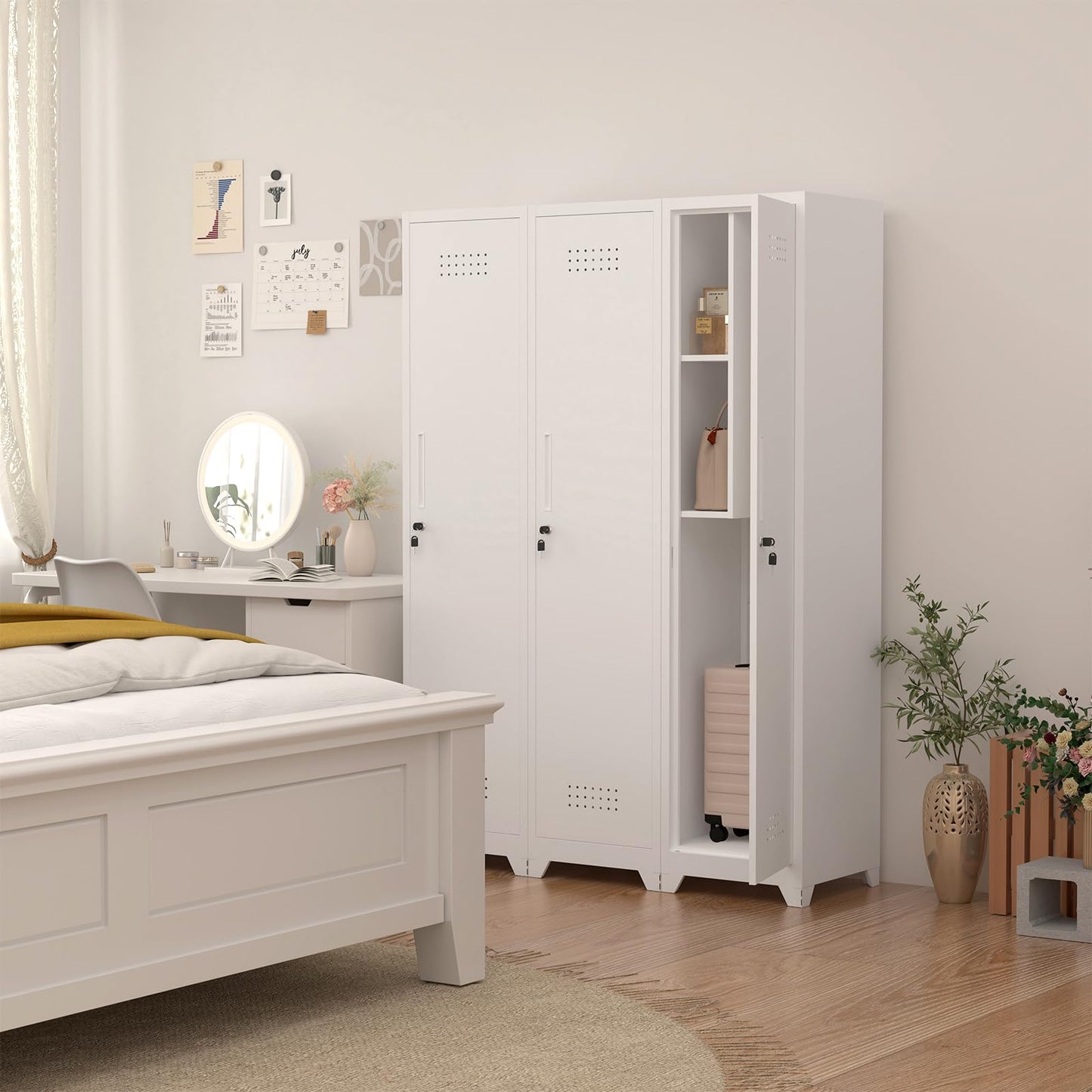 IRONFFICE Tall Broom Closet Storage Cabinet,Narrow Metal Storage Cabinets for Brooms and Mops,Slim Utility Cabinets with Doors,Broom Cabinet for Laundry,Living Room,Office,White