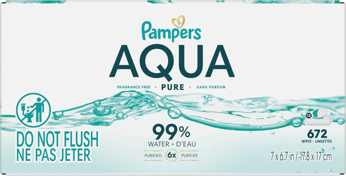 Pampers Aqua Pure Baby Wipes - 99% Water, Fragrance-Free, 672 Total Wipes in 12 Flip-Top Packs