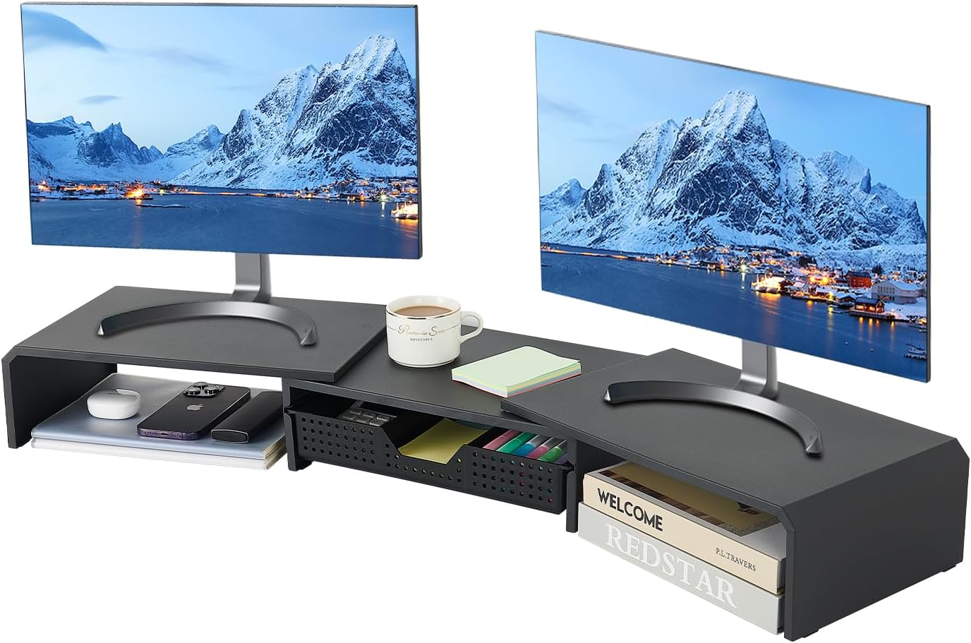 LEKETREE Dual Monitor Stand Riser with Drawer, Computer Stand for Desk, Workspace Desktop Stand, Desk Organizer