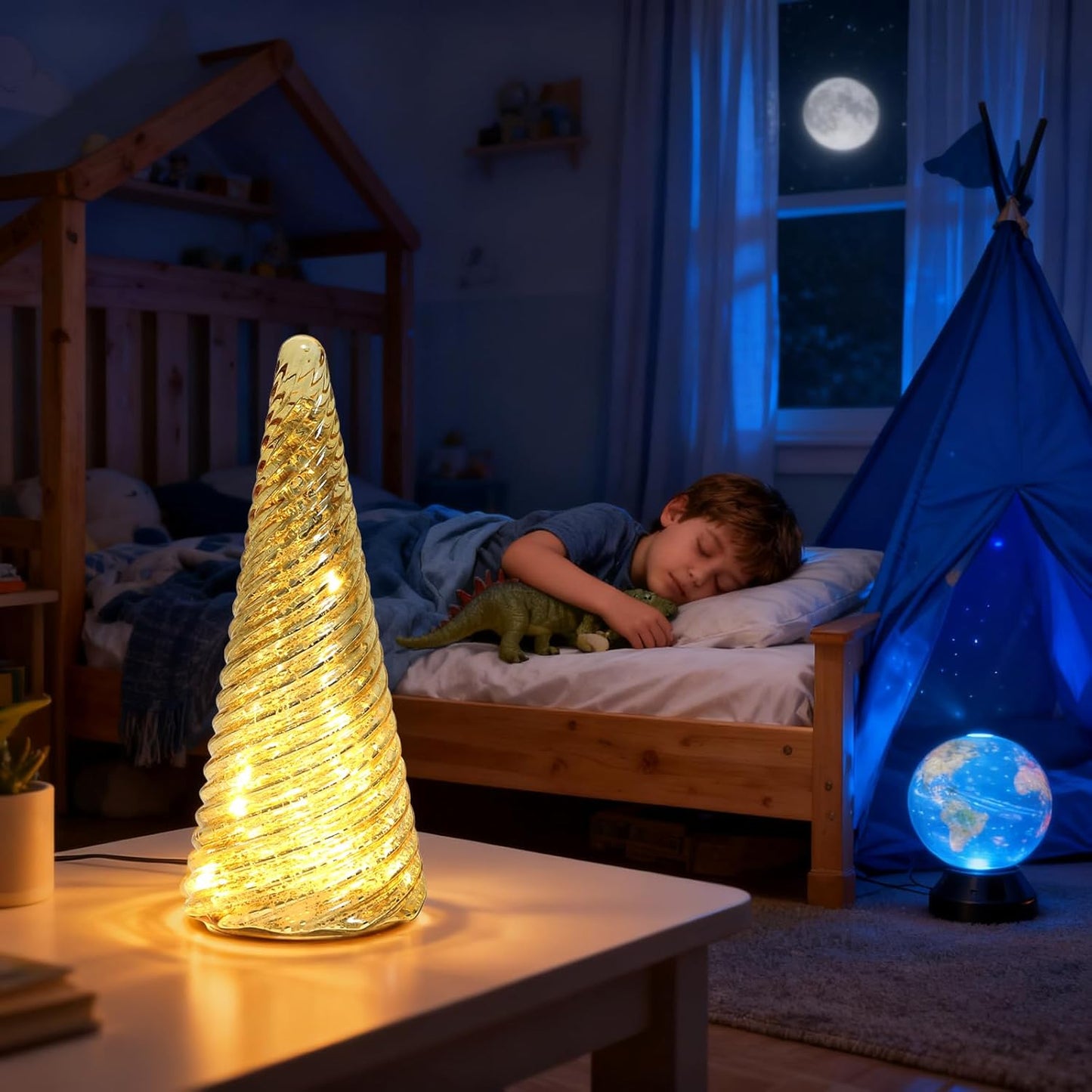 Regine Switzerland Glass Christmas Tree Decorations - Mercury LED Light Tabletop Decor | Battery Operated Night Lights with Timer for Home Festivities