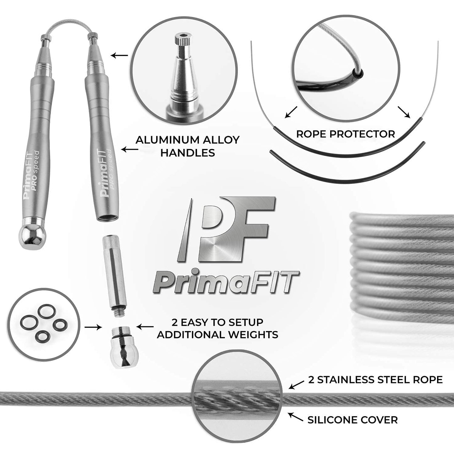 PrimaFIT Jump Rope Pro Speed Skipping Rope Adjustable Adult Jumping Rope Weighted Aluminium Handles for Double Dutch Boxing Workout Crossfit Exercise Fitness Spare Cable Weights Protectors Carry Bag