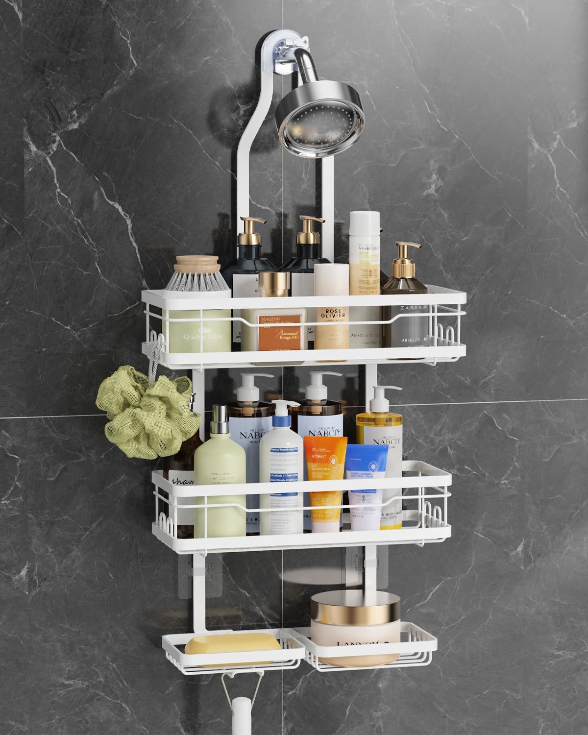 OMAIRA Shower Caddy - Adjustable Stainless Steel Organizer with Soap Holder | Large Capacity, No Drilling, White