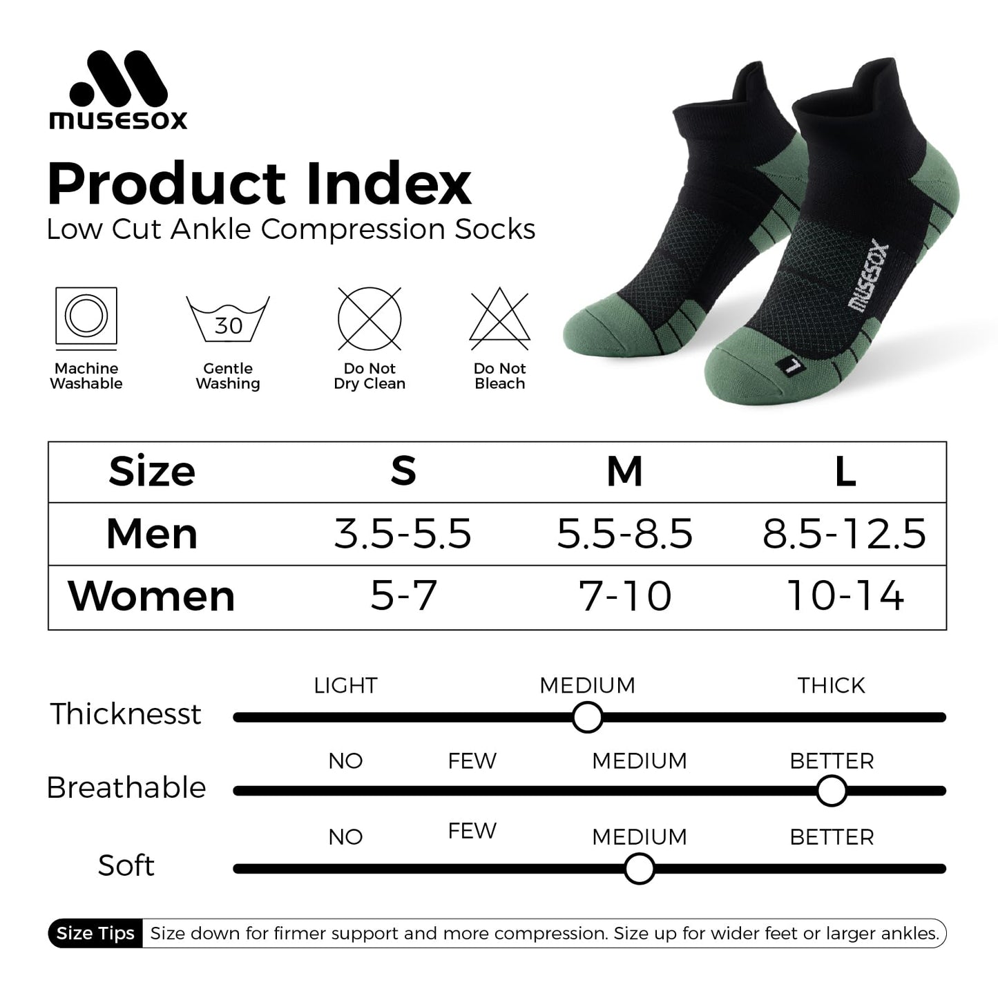 musesox Ankle Compression Socks for Women and Men,Low Cut Compression Running Socks with Arch Support(6 Pairs) Best for Sports,Workout,Travel,Daily,Black,White,Gray,Unisex,Medium