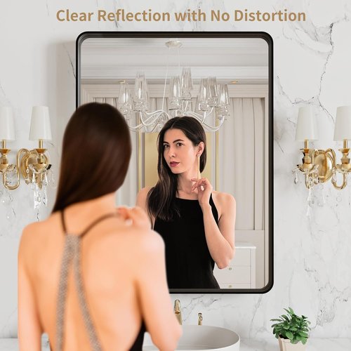 LOAAO Black Metal Framed Bathroom Mirror - 20x16 Inch Rounded Rectangle, Anti-Rust, Versatile Hanging Options