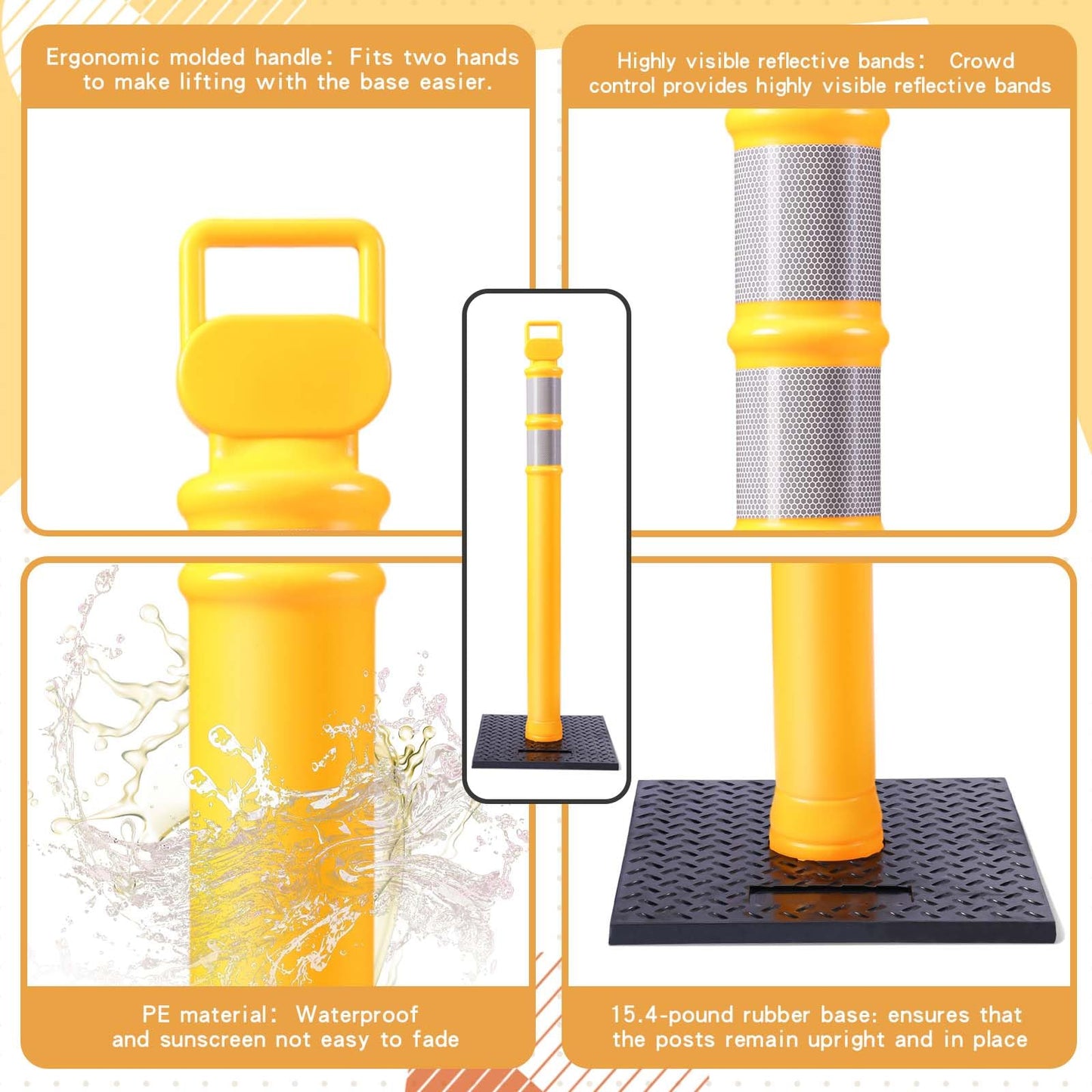 Kanayu 49 Inch Traffic Delineator Posts with 8.8 Lbs Rubber Base PE Delineator Post Portable Parking Pole Traffic Cone Barrier with Removable Base, Reflective Band(4 Packs,Yellow)