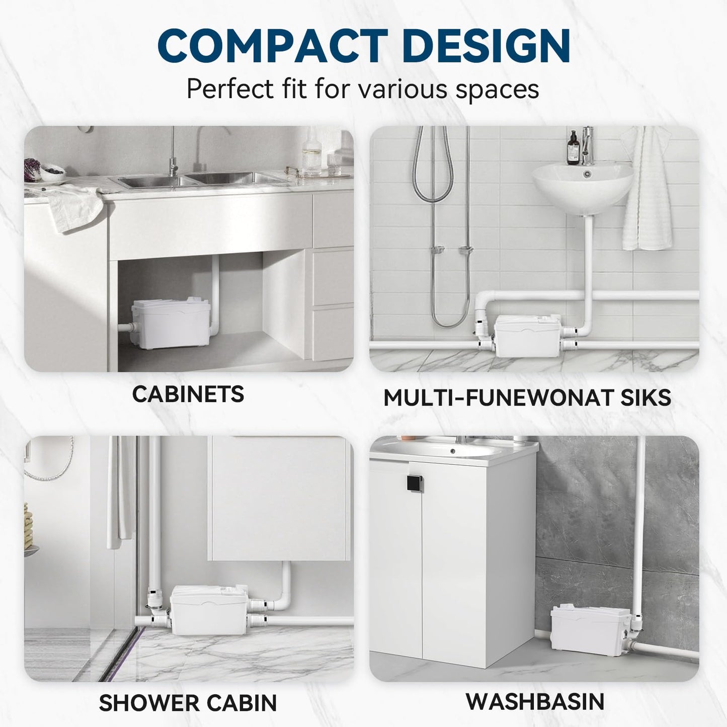 500W Utility Sink Pump with PCB Function Upgrade Structure Upflush to 23FT 1600GPH Under Sink Pump with 3 Water Inlets 1 Outlet Macerating Toilet System for Sink Shower Urinal Kitchen Basement