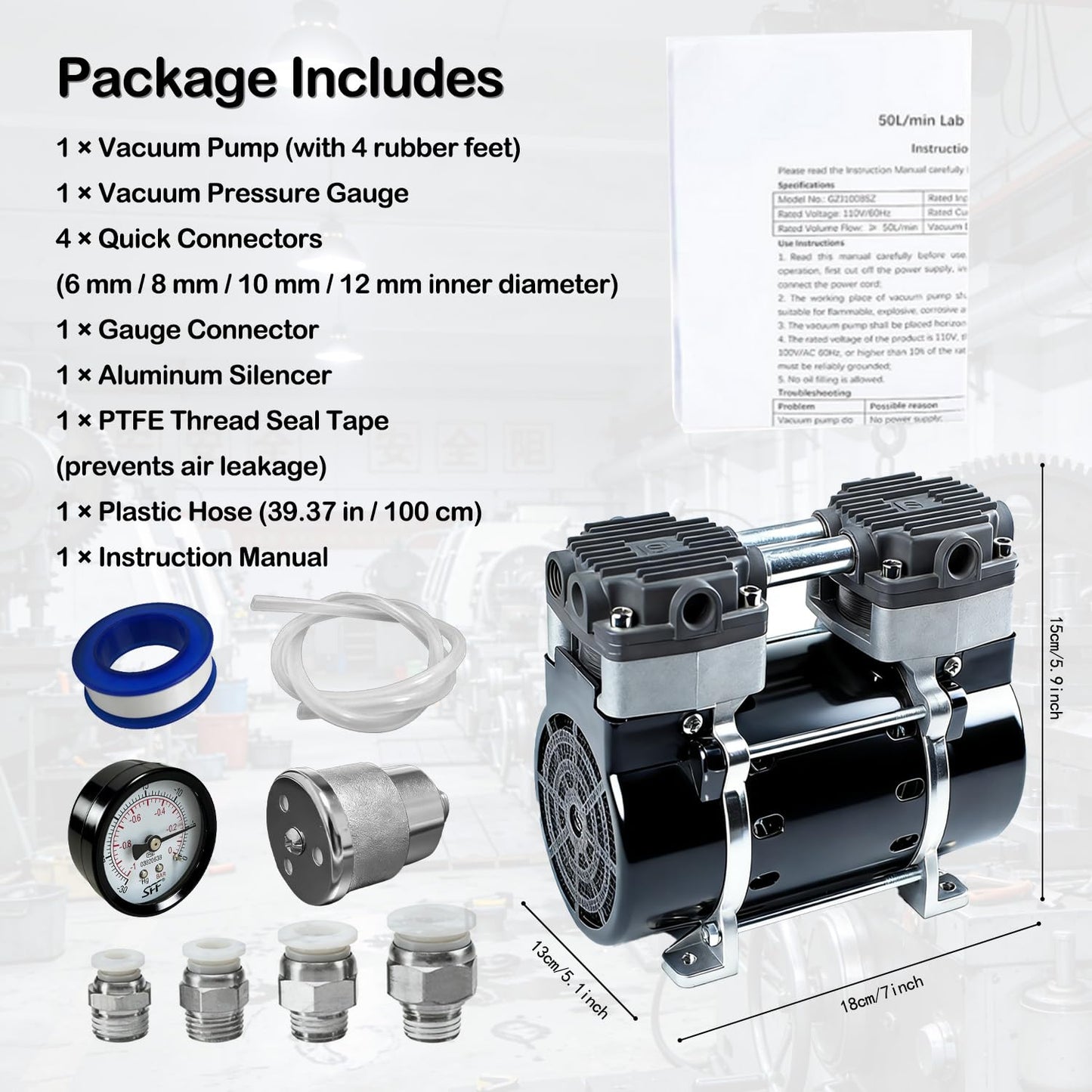 Oilless Vacuum Pump 50 L/Min, 180W Electric Vacuum Pump with Switch & Vacuum Gauge, Low-Noise Aluminum Silencer, 4 Hose Connectors, for Laboratory, Electronics & DIY Use
