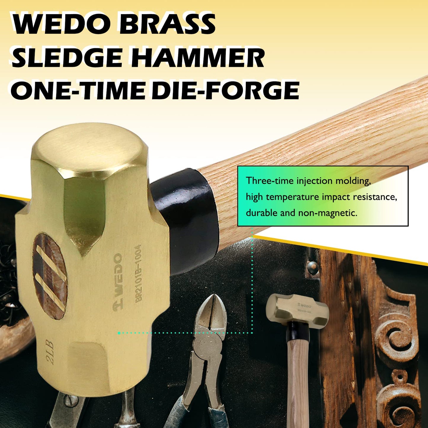 WEDO Brass Sledge Hammer with Wooden Handle, 5lb, 400mm, 16"