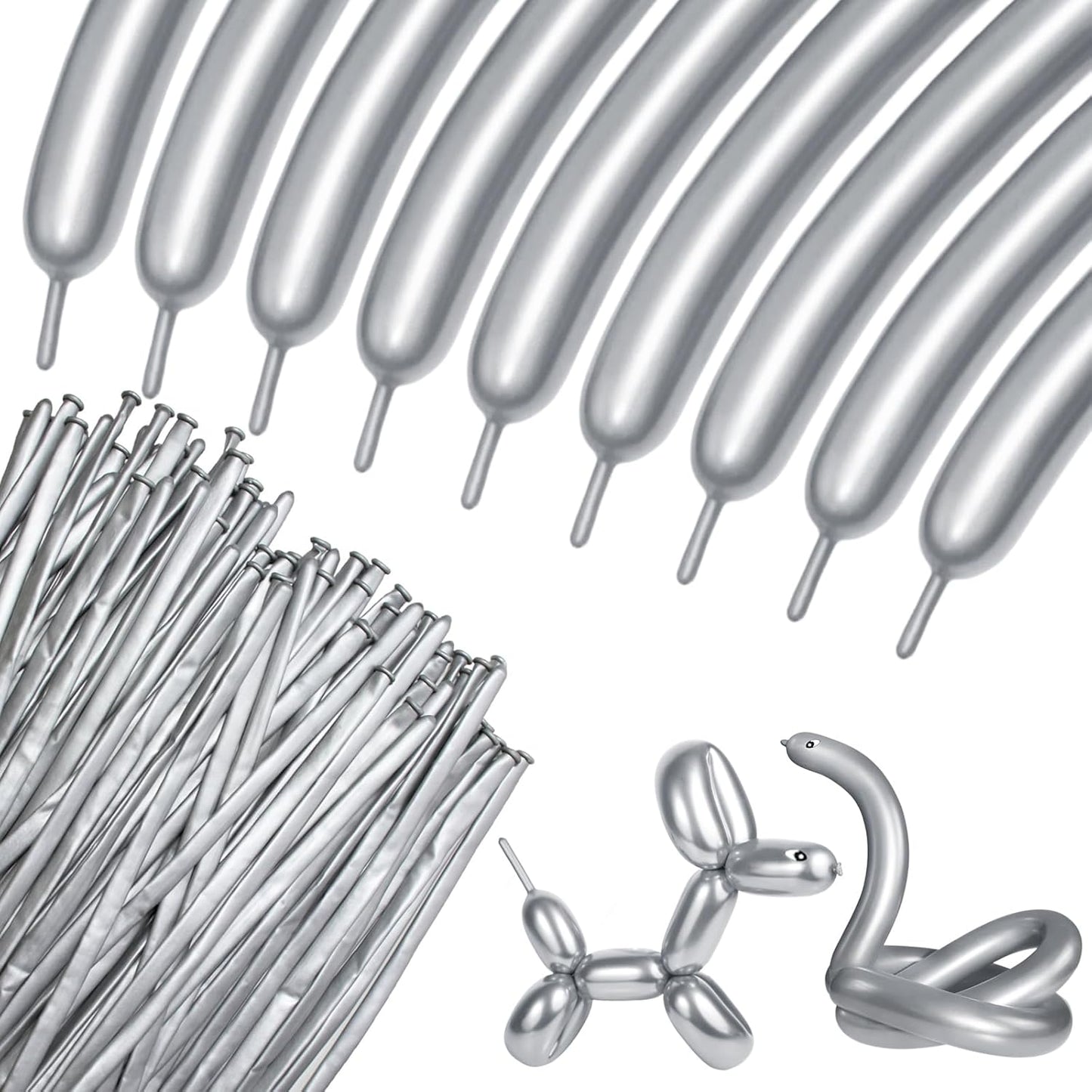 Skiennix Metallic Silver Balloons - 100 Pcs Long Skinny Latex Twisting Balloons for Animal Modeling | Perfect for Christmas & Birthday Parties