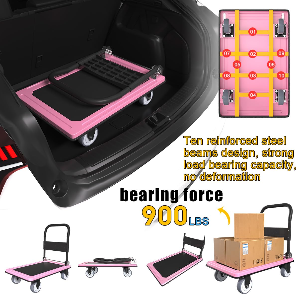 WUD Push Cart, Folding Mobile Platform Trolley,Thickened and Reinforced, 360° Swivel Wheels,35.4 “L x 23.6 ”W, 1100 lb. Pink Dolly cart with Wheels (Pink, Large)