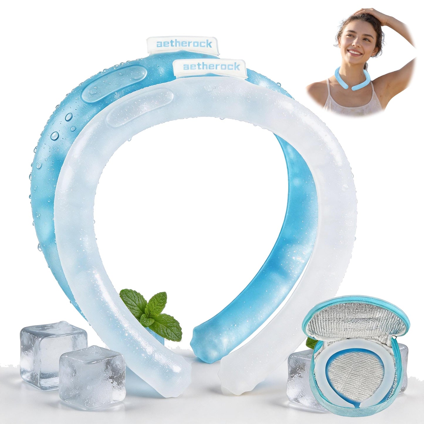 2 PCS Neck Cooling Tube,with Insulated Carry Bag,Reusable Ice Pack,Neck Coolers for Hot Weather,Ice Ring for Summer Heat,Personal Cooling Device,Ideal for Sports,Outdoor Activities (White+Blue)