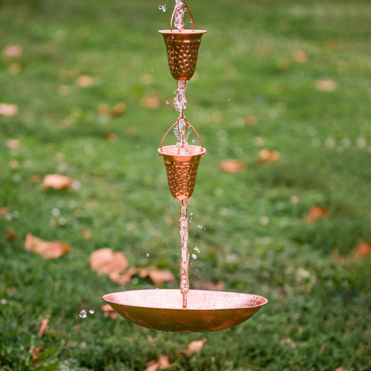 Marrgon Copper Rain Chain w/Gutter Adapter & Anchoring Basin – Decorative Chimes & Cups Replace Gutter Downspout & Divert Water Away from Home for Stunning Fountain Display – 6.5’ Long