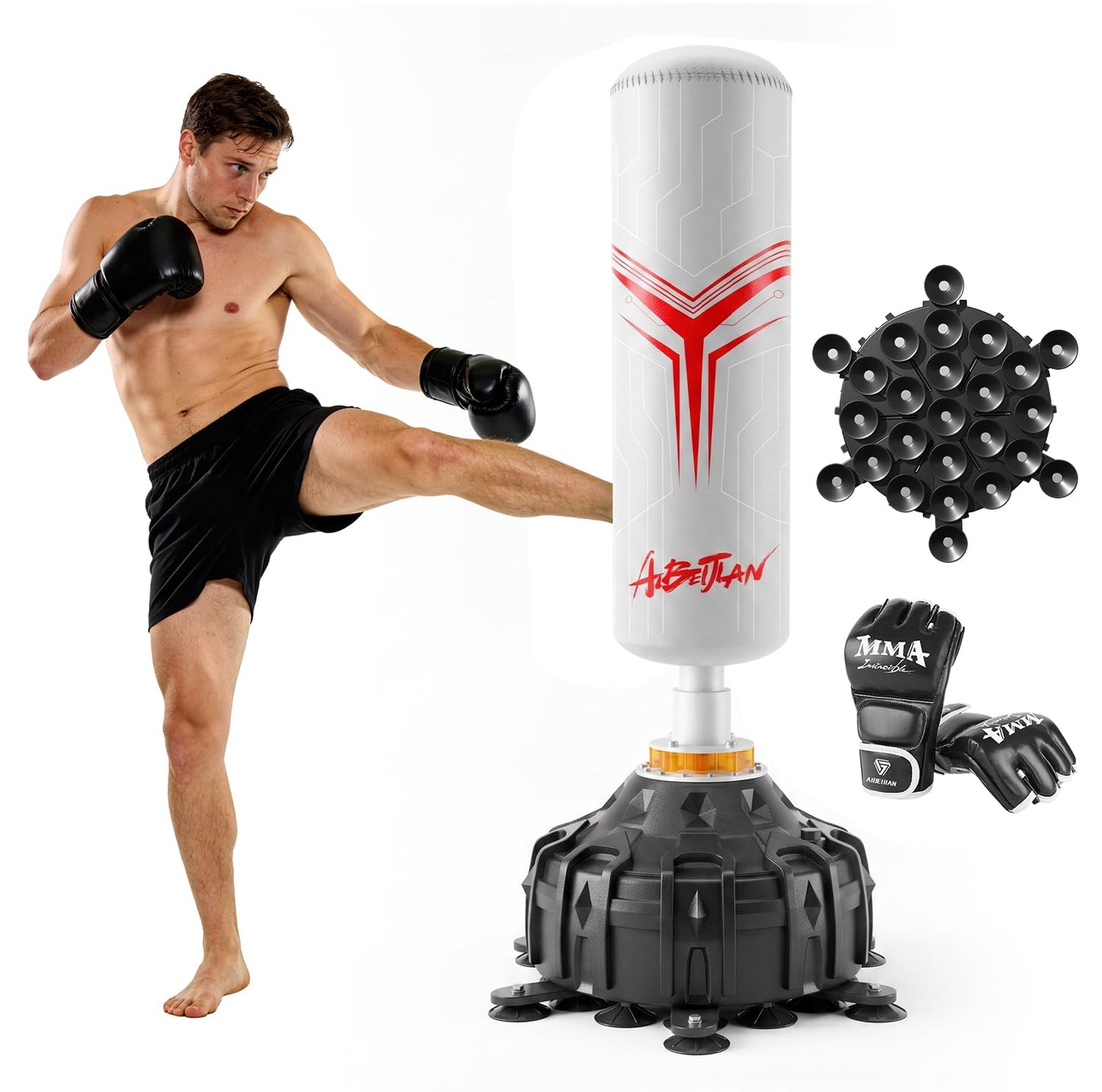 Freestanding Punching Bag,with Boxing Gloves Heavy Boxing Bag with Suction Cup Base for Adult - Boxing Training Equipment Kickboxing Bags for Training MMA Muay Thai Fitness Home Gym (White)