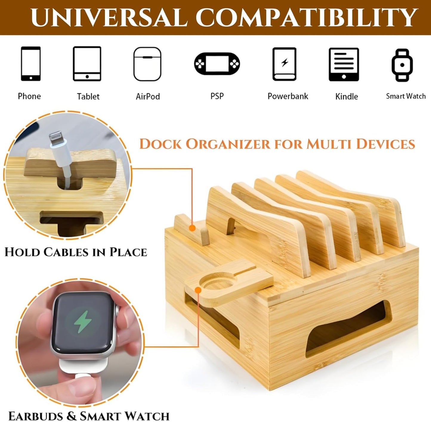 Acshio Bamboo Charging Station for Multi Devices, Small Desktop Docking Stand, Cell Phone Docking Station Charger