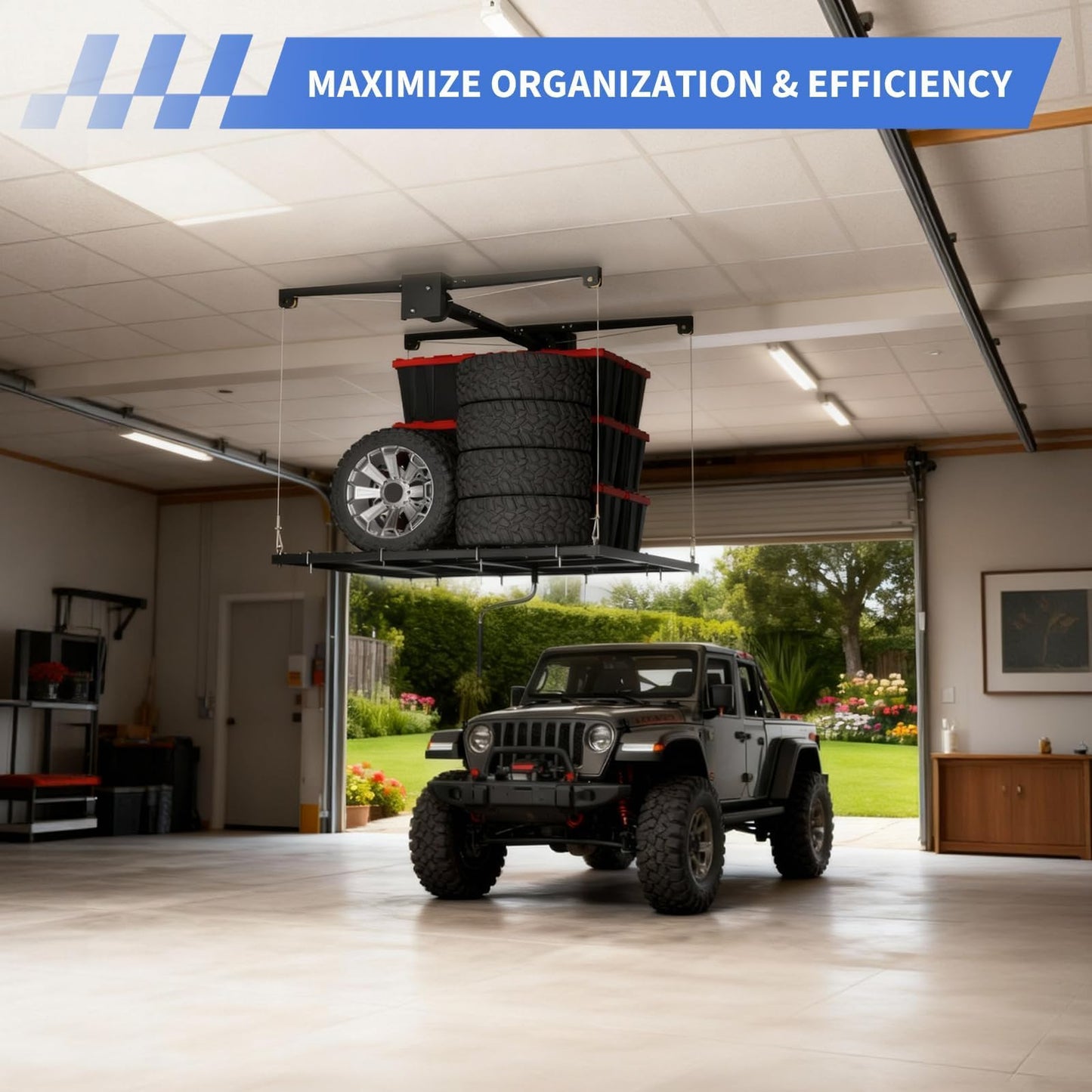 Overhead Ceiling Storage Rack 4x4 ft,Heavy-Duty Carbon Steel Garage Lifting Rack with Manual Hand Crank, Adjustable Height, 350 Lbs Capacity, Maximizes Overhead Space for Garages, Basements