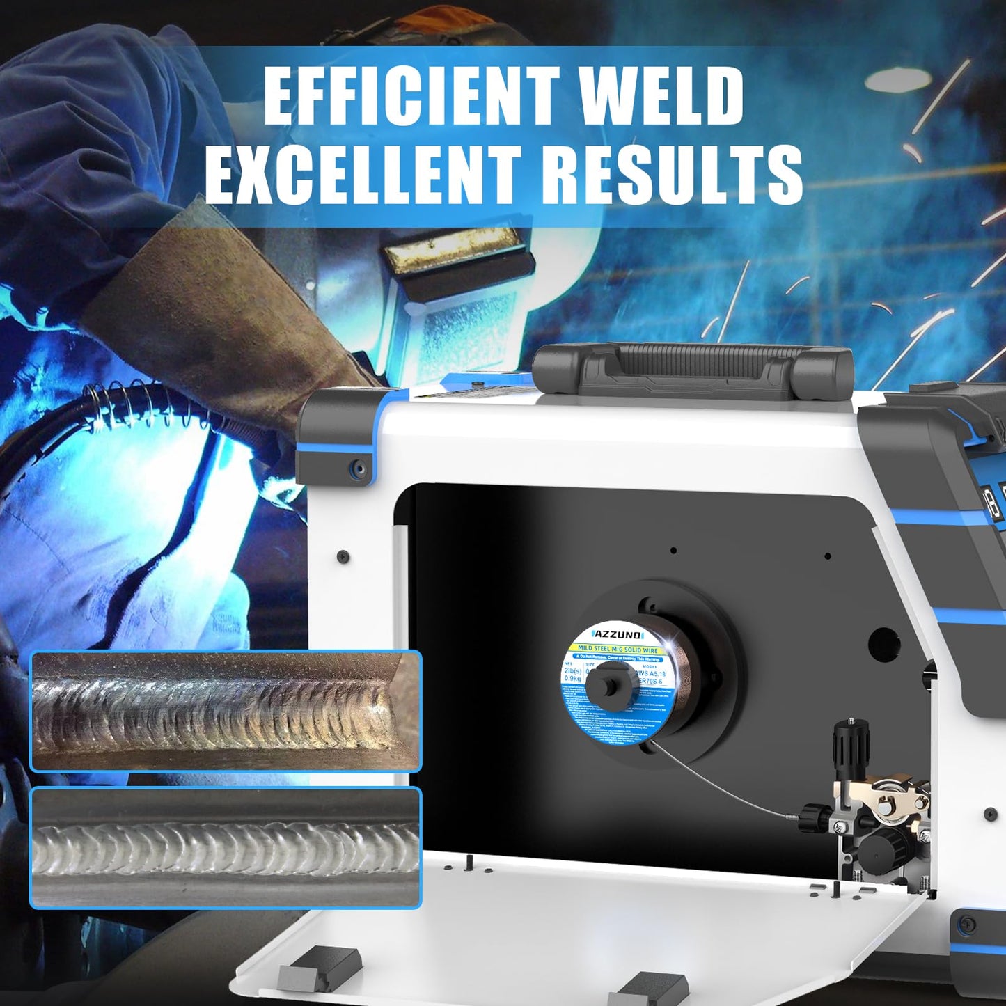 AZZUNO Aluminum 250A MIG Welder & .030" 2LBS Solid MIG Welding Wire, 6 in 1 Gas MIG/Gasless Flux Core/Stick/Lift TIG/Spot Welding/Spool Gun Compatible Welding Machine 110V/220V Large LED Display Multi
