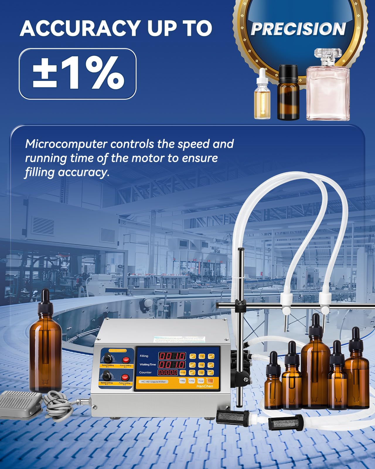 Hanchen Liquid Filling Machine Peristaltic Pump 5 Oz Automatic Bottle Filler Digital Control Cosmetic Oil Filler Bottling Machine for Perfume, Water, Juice, Thick Eessential Oil (2 Head)