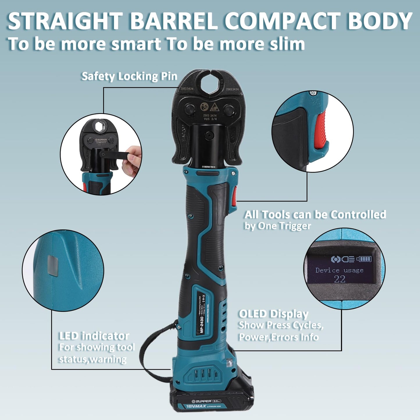 ZUPPER Compact Press Tool Kit,18V Electric Pipe Crimping Tool for 1/2", 3/4", 1" Copper Pipes Brushless Motor Compatible with Propress 2pcs 2Ah Battery