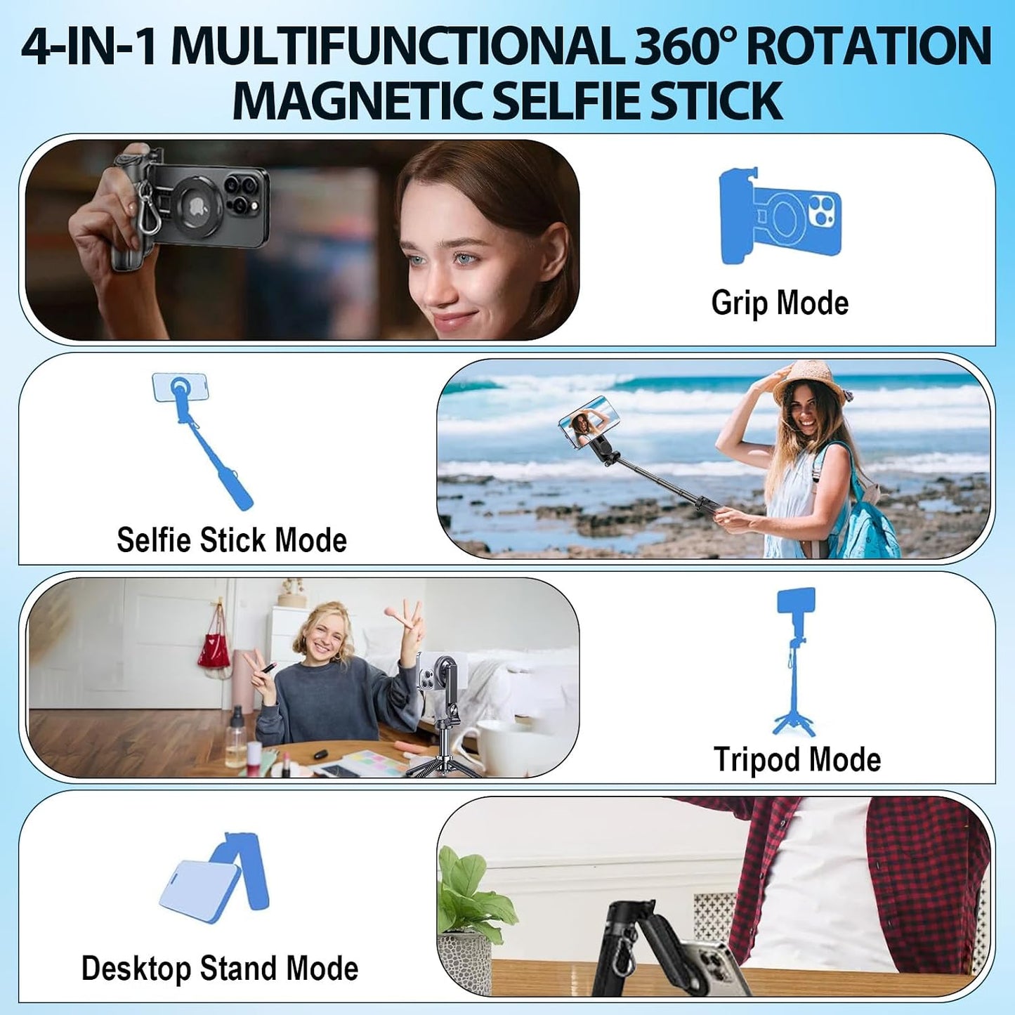BScintilla 4-in-1 360 Multifunctional Magnetic Selfie Stick,Universal Rotation Phone Tripod with Wireless