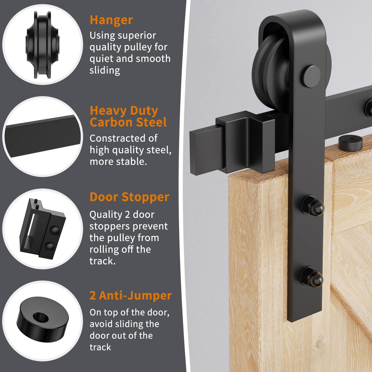 HomLxclx 6.6 FT Heavy Duty Sliding Barn Door Hardware Kit-Smoothly and Quietly-Easy to Install with Adjustable Floor Guide,Door Hook and 2 Handles-Fit 1 3/8-1 3/4" Thickness (Black)(J Shape Hangers)