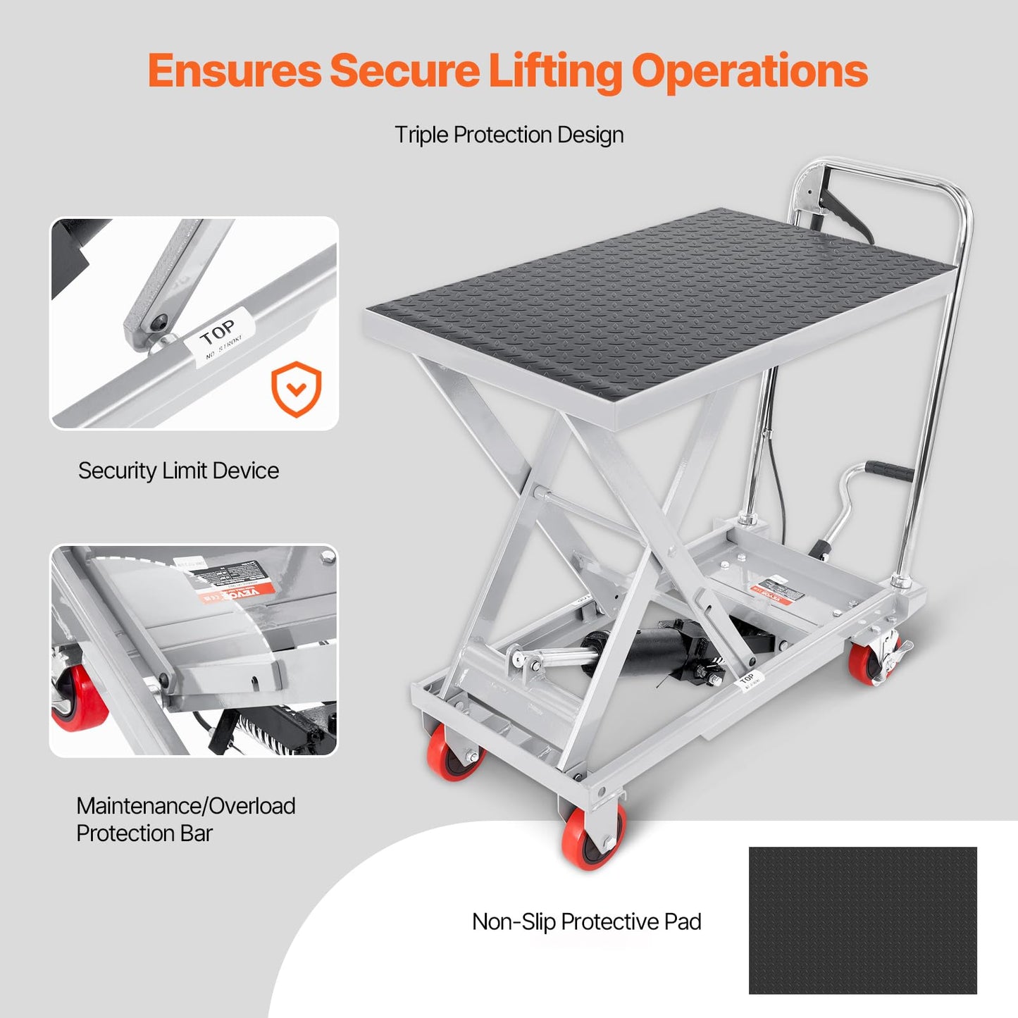 VEVOR Hydraulic Lift Table Cart, 500 lbs Load Capacity, 28.5-Inch Lifting Height, Manual Single Scissor Lift Table with 4 Wheels and Non-Slip Pad, Gray, Alloy Steel