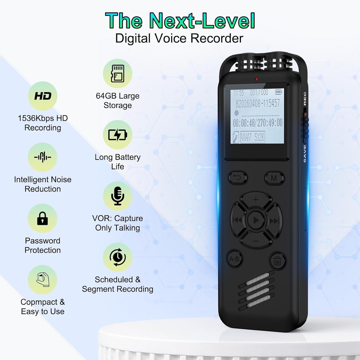Cebkit 64GB Repeat,Mp3 Digital Voice Recorder with Playback,Audio Recording Device,Voice Activated Recorder with Noise