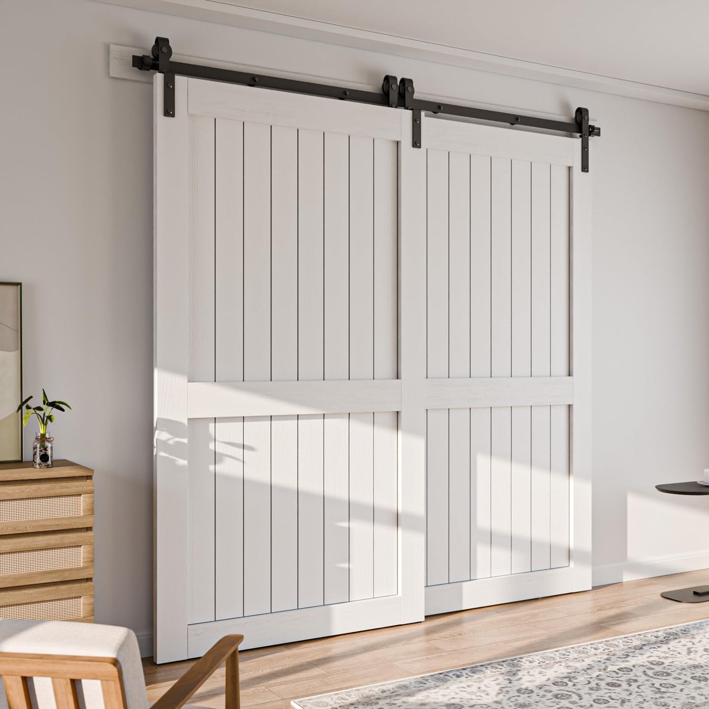 4-14FT Bypass Sliding Barn Door Hardware Kit Single Track System Carbon Steel Basic Roller Hanger Easy to Install Fit Double 36" Wide Doors Panels (6ft Single Track Bypass)
