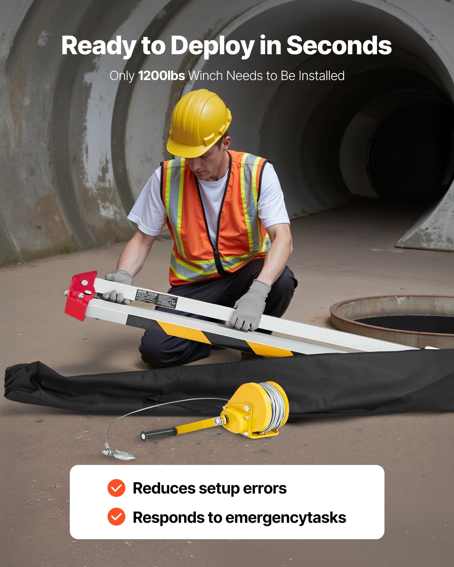 VEVOR Confined Space Tripod Kit, Heavy Duty Rescue Tripod Lifting Hoist 1200 lbs Winch, 4.1 ft Adjustable Legs, 98.5 ft Cable Portable Kit, 32.8 ft Fall Protection, 4.40-7.05 ft Working Height