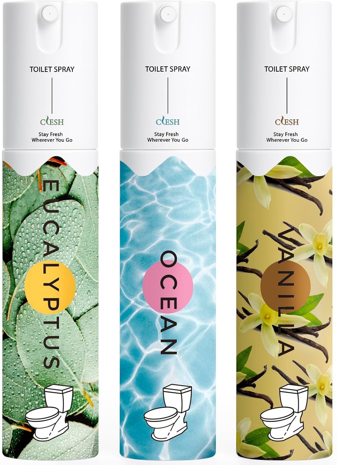 Skiennix Travel Size Toilet Spray - Bathroom Odor Eliminator | 3 Pack, 1 Fl Oz Each, Essential Oils Freshener in Ocean, Eucalyptus, Vanilla
