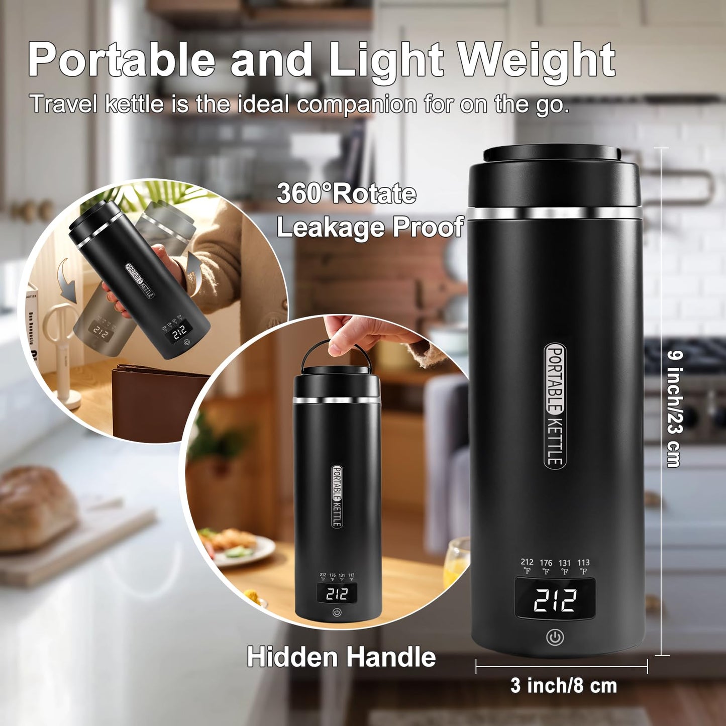 Travel Kettle, Portable Electric Kettle with 4 Temperature Controls, 304 Stainless Steel with Auto Shut-off, Black(120V)