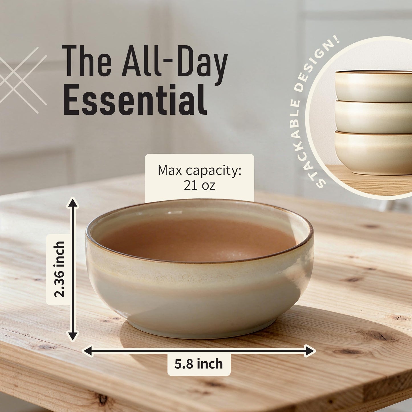 Ava Nord Stoneware Ceramic Cereal Bowls Set of 4, 21 oz | Lead-Free, Cadmium-Free | Microwave and Dishwasher Safe | For Soup, Salad, Rice, Dessert, Ice Cream | Nordic Design | Terracotta/Sage Ash
