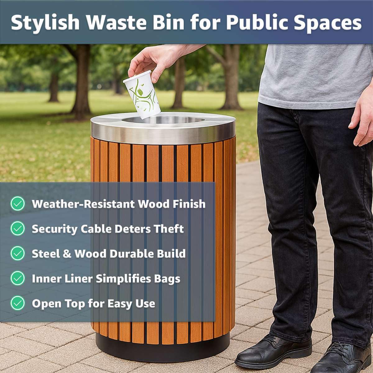 Zedfire 17 Gallon Round Outdoor Trash Can - Heavy Duty Steel & Wood Composite Commercial Decorative Garbage Bin with Open Lid, Durable Park, Retail & Transit Waste Container