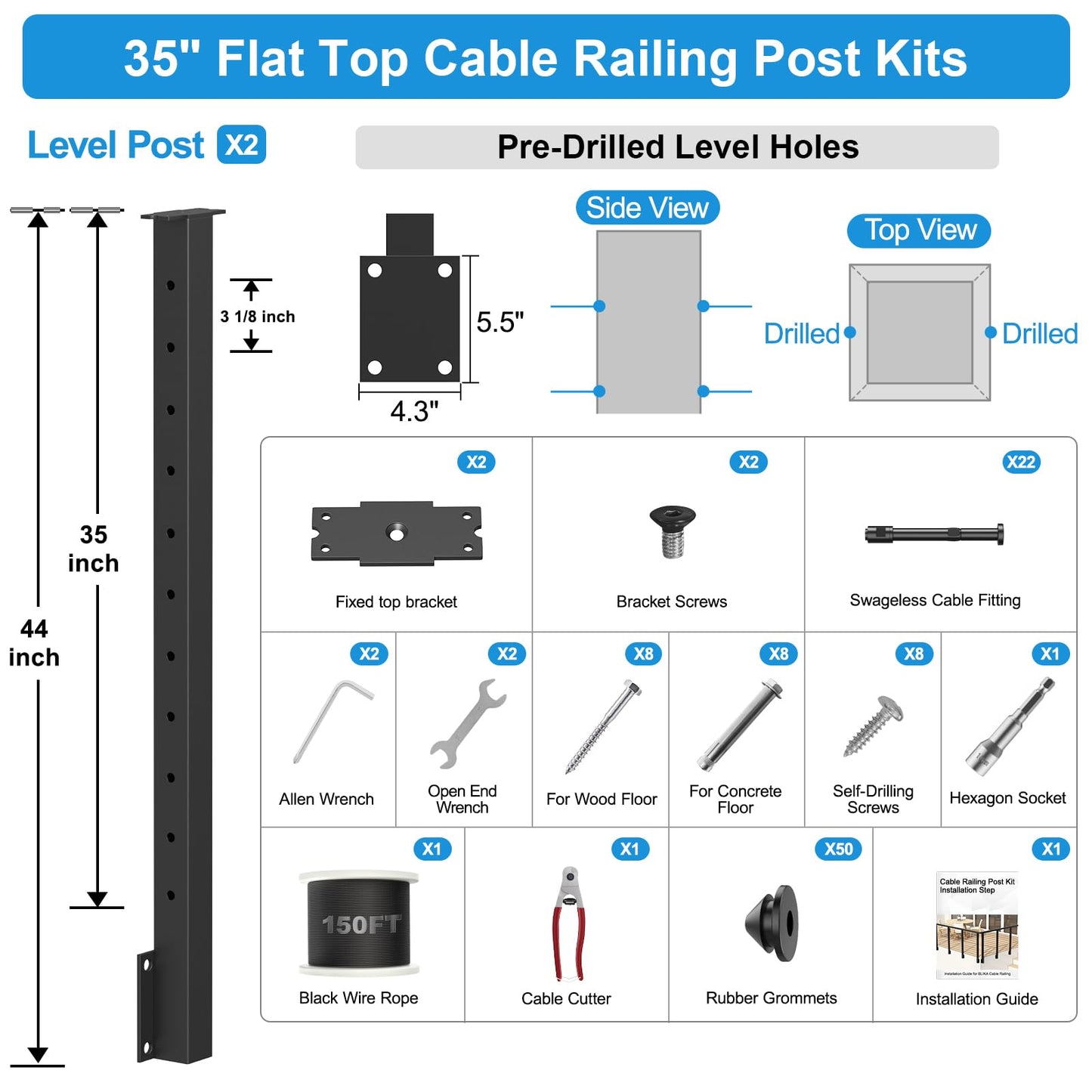 RailinGo 36" Side Mount Cable Railing Post Kits Include 2Pack Flat Top Level Drilled Cable Posts, 150FT Wire Rope, Black Fascia Mount Cable Railing System, 1/8" Stainless Steel Wire Railing Kits, RG71
