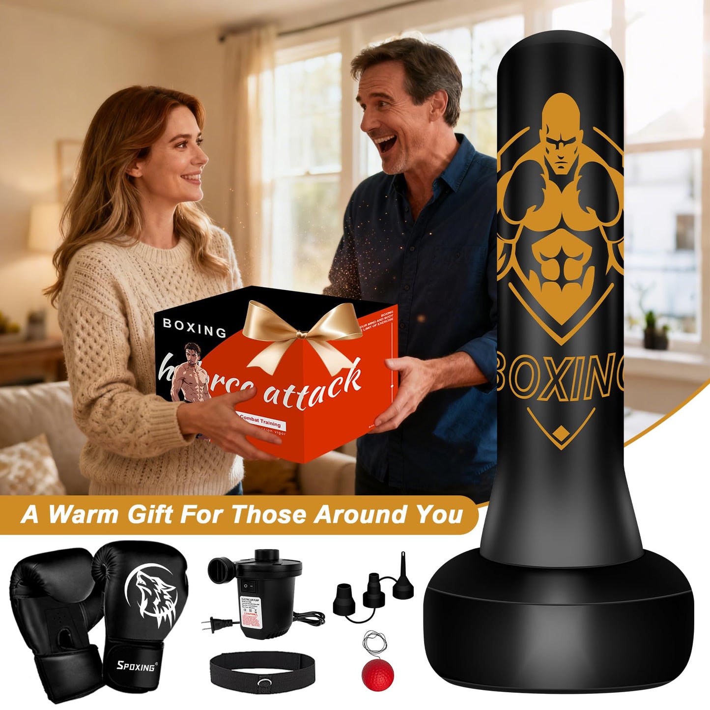 Vobab Freestanding Puncing Bags for Adults Teens, Heavy Bag with Stand Boxing Bag with Boxing Gloves, Electric Air Pump, Reflex Ball, 70" Kickboxing Bag for Training MMA Muay Thai Gym