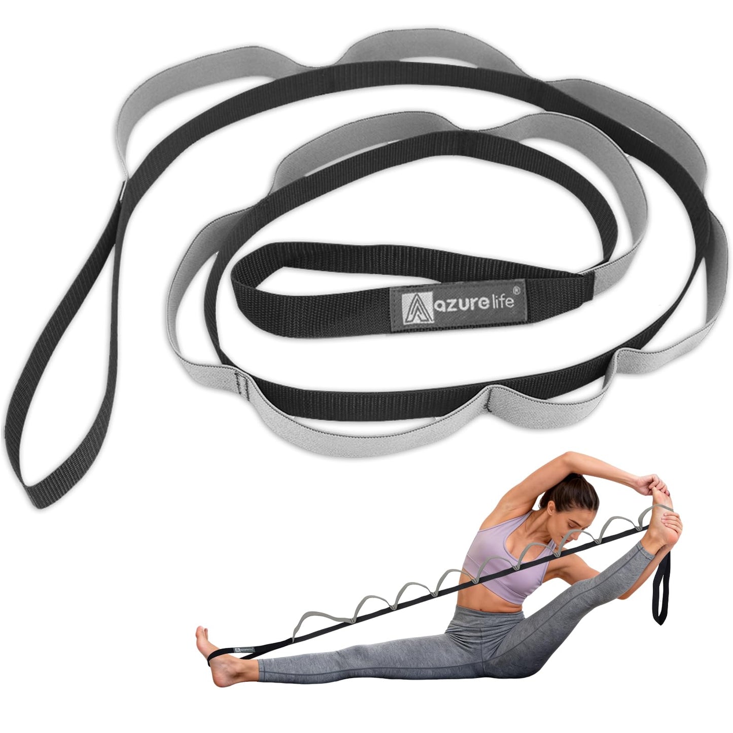 A AZURELIFE Half-Elastic Stretch Straps with 11 Loops, Stretching Strap for Physical Therapy, Multi-Loop Yoga Strap Fitness Exercise Strap for Yoga, Pilates, Dance, Flexibility&Exercise