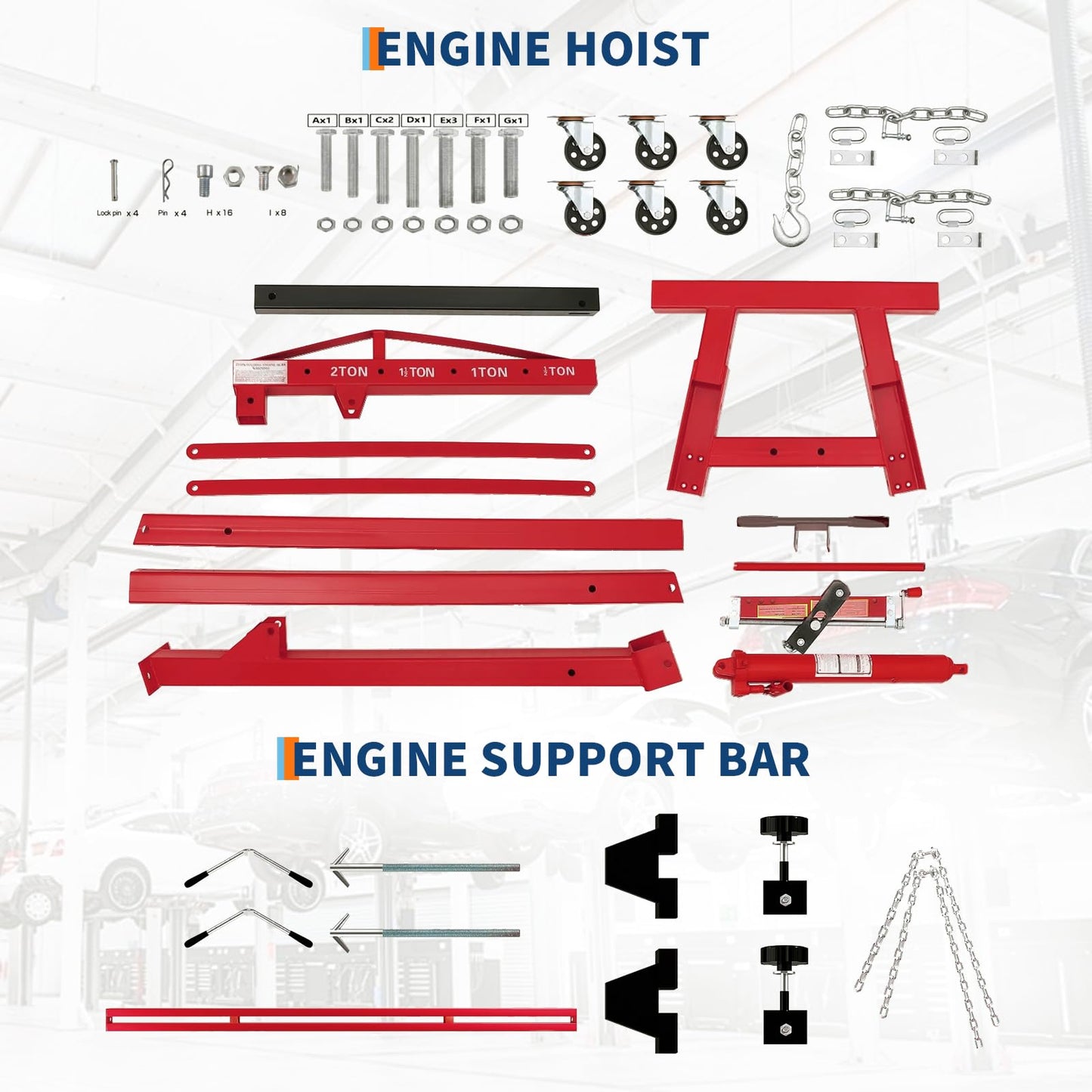 2 Ton Folding Hydraulic Engine Hoist with 59 in Load Leveler 4400 LBS Capacity Heavy Duty Cherry Picker 6 Swivel Wheels,Engine Support Bar 1100 LBS Capacity for Garage Workshop Warehouse Red