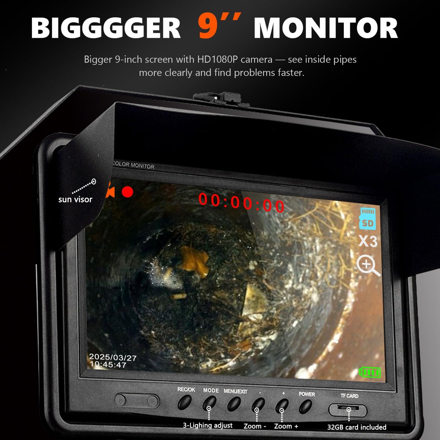 𝟐𝟎𝟐𝟔 𝐧𝐞𝐰 9” Sewer Camera, HD 1080P w/DVR-32GB, [All-in-One Design with Magnetic Box] Drain Pipe Inspection Camera, [One Big Screw Unlock] Sewer Pipe Cam, 4500mAh, Cable Markers, 100ft/30m